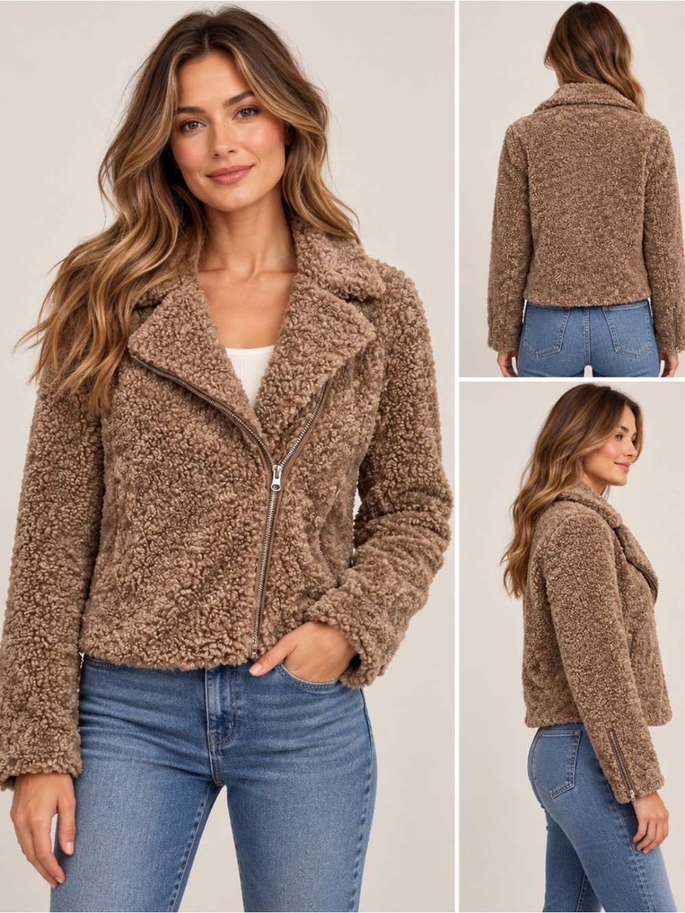 Bella Dahl XS Taupe Teddy Sherpa Moto Jacket Faux Shearling Zip Coat